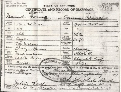 1917 New York Marriage Certificate